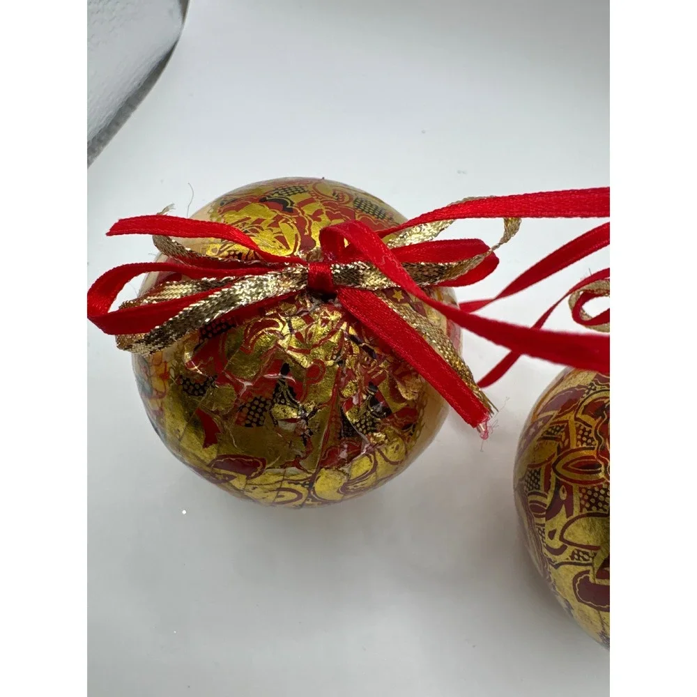 Vintage Style Decoupage Christmas Ornaments Santa and Elf Gold Foil Set of 2
